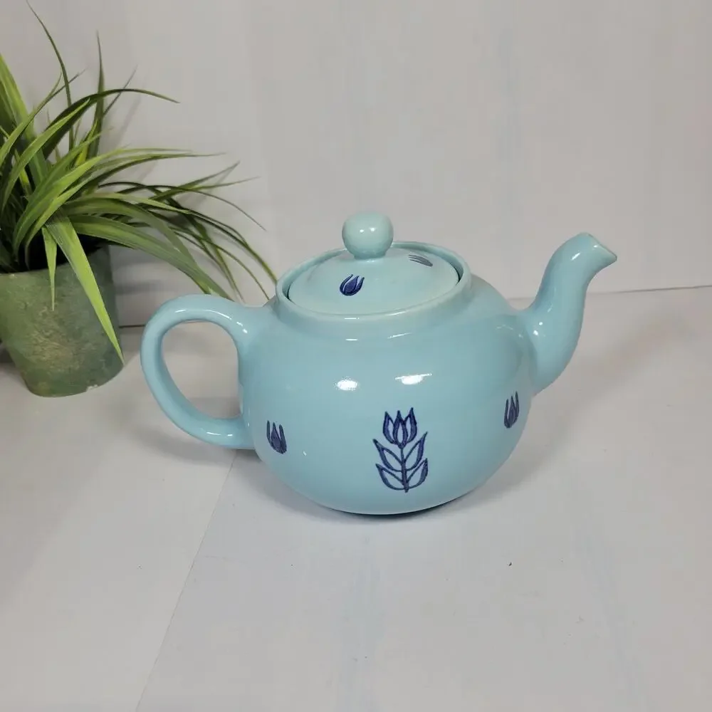 MCM Retro Cronin Cameron Pottery Blue Tulip Teapot Lid Vintage 3-Cup Cottagecore